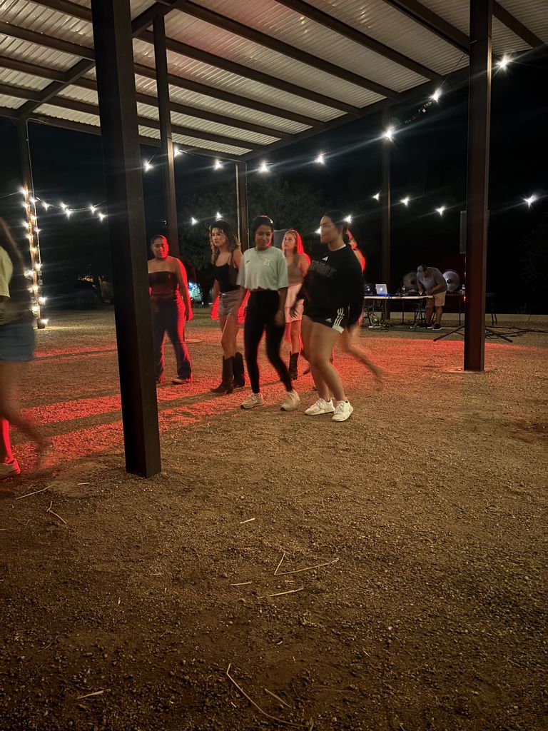 Students line dance under twinkling lights while the DJ spins records.