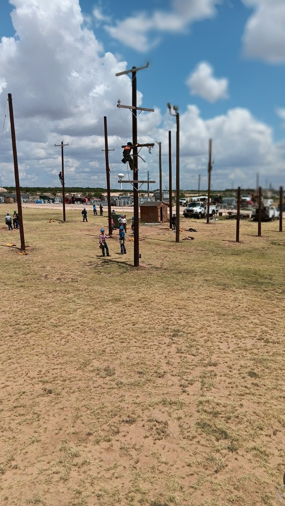 A ground level view of the lineworker outdoor classroom: electrical poles spaced 50 feet apart with students climbing them and students on the ground.