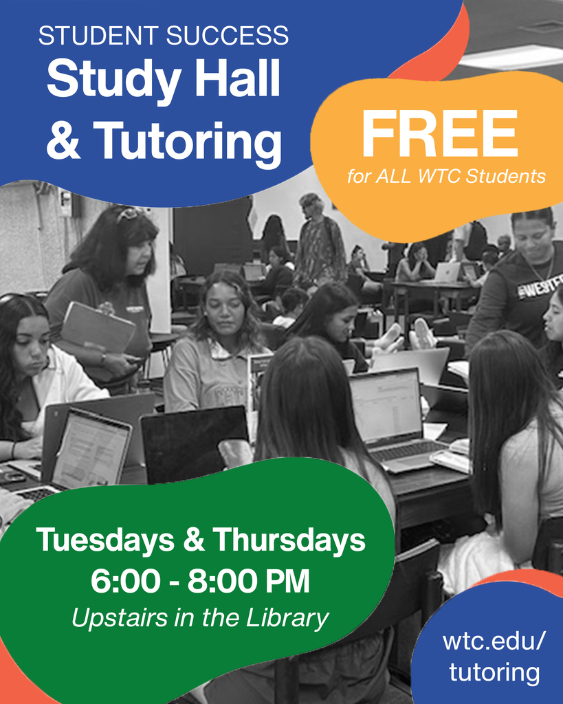 Black and white photo of students studying in the Library with details of Tutoring & Study Hall in colorful bubbles.