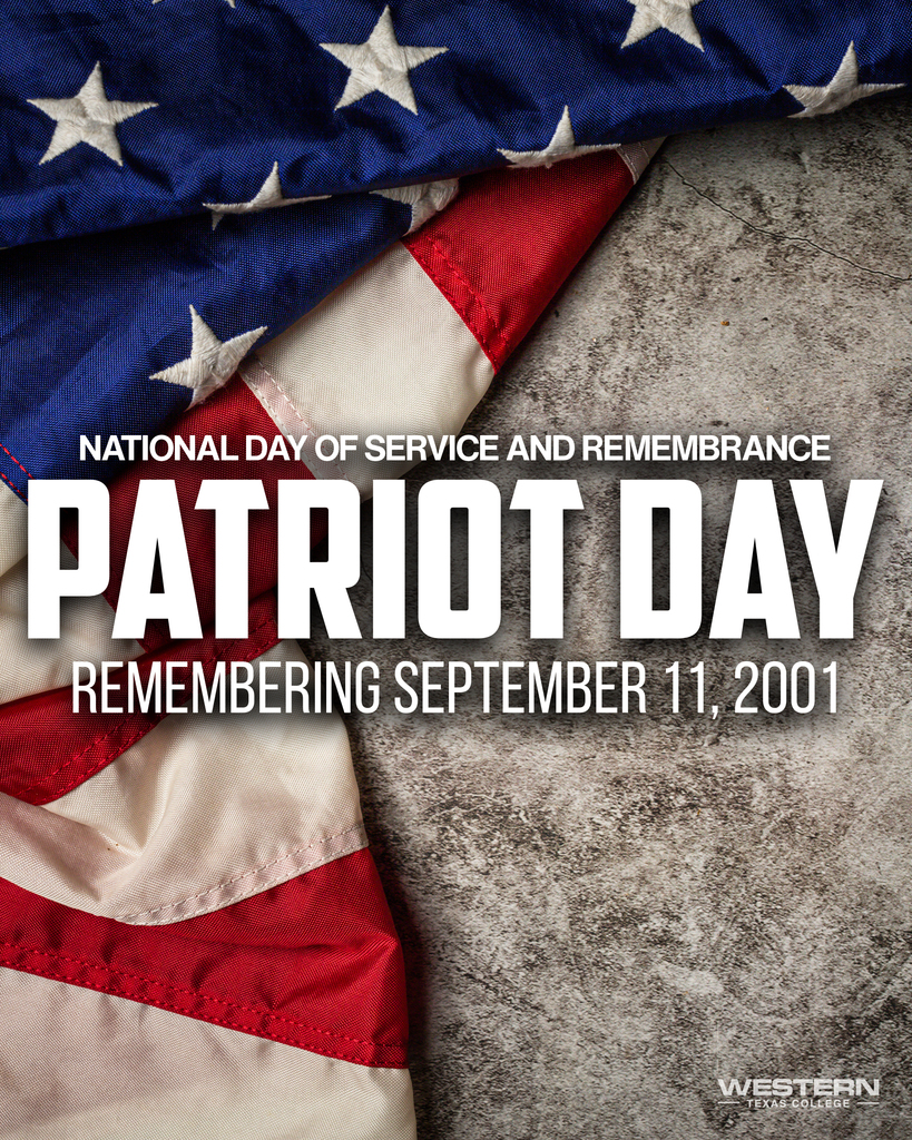 A flag folded against a gray back ground with "Patriot Day, remembering September 11, 2001" overlaid.