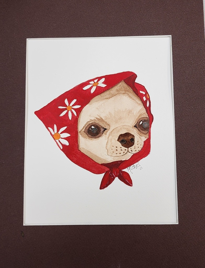 Watercolor painting of a puppy in a bandana by Michel White