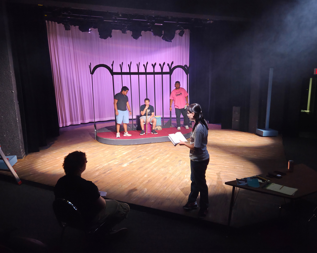 While standing on a lit stage, a student with a script in hand asks a question during rehearsal.