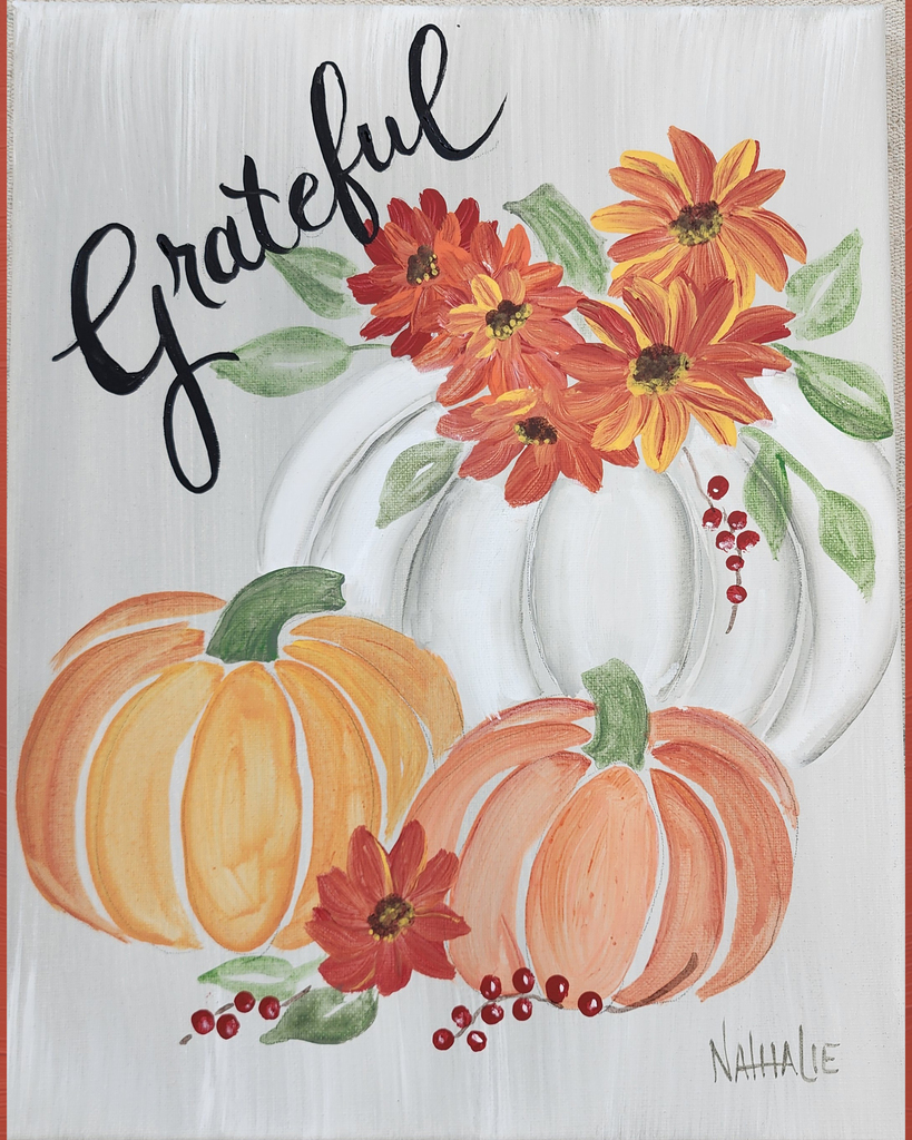 Painting of pumpkins and flowers on a grey background