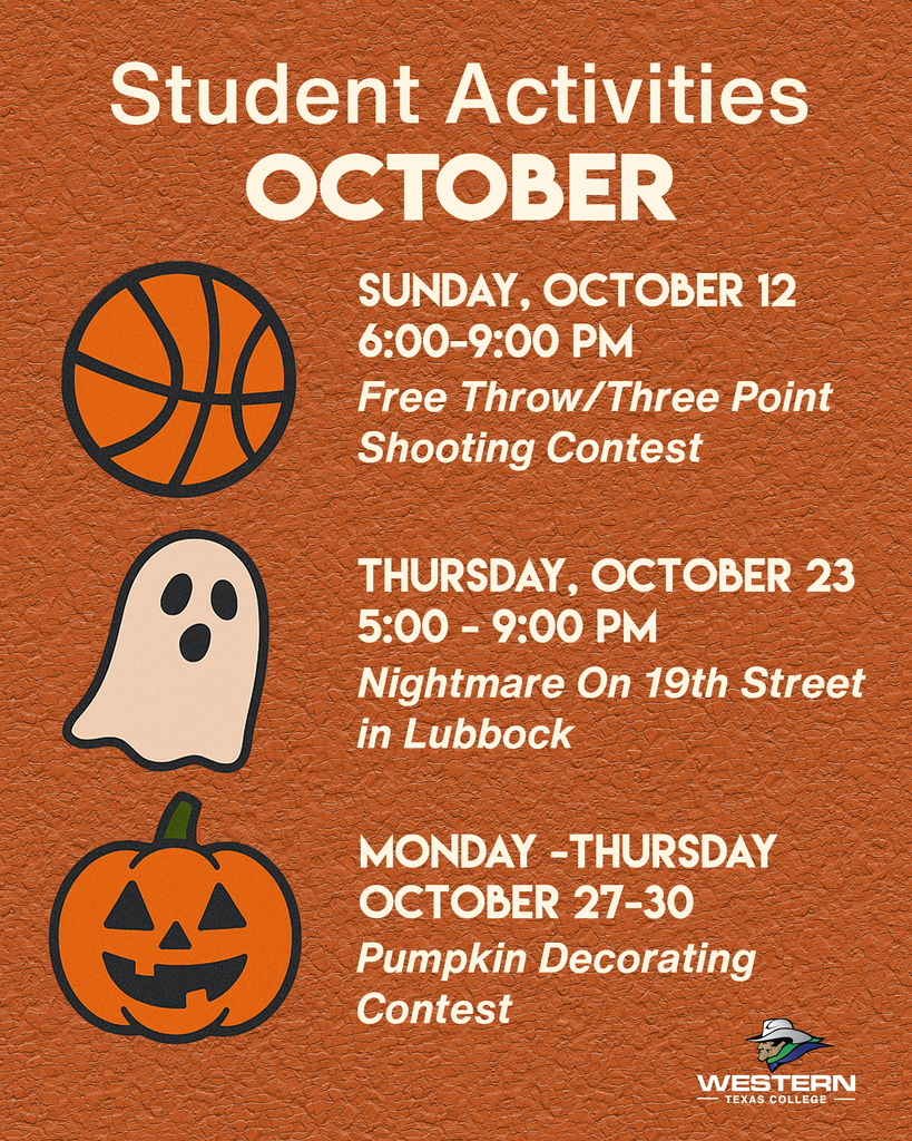 Graphic promoting Western Texas College Student Activities October events. Orange background with icons of a basketball, ghost, and jack-o’-lantern. Text reads: “Student Activities Fun Planned for You” and lists three fall-themed contests.