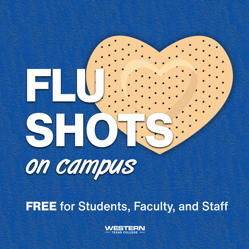 A heart shaped band aid on a blue background with the wrods "Flu shots on campus - free for students, faculty, and staff.