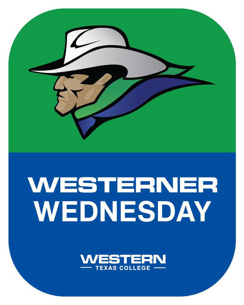 Western Texas College cowboy mascot above bold text reading “Westerner Wednesday” on green and blue background.