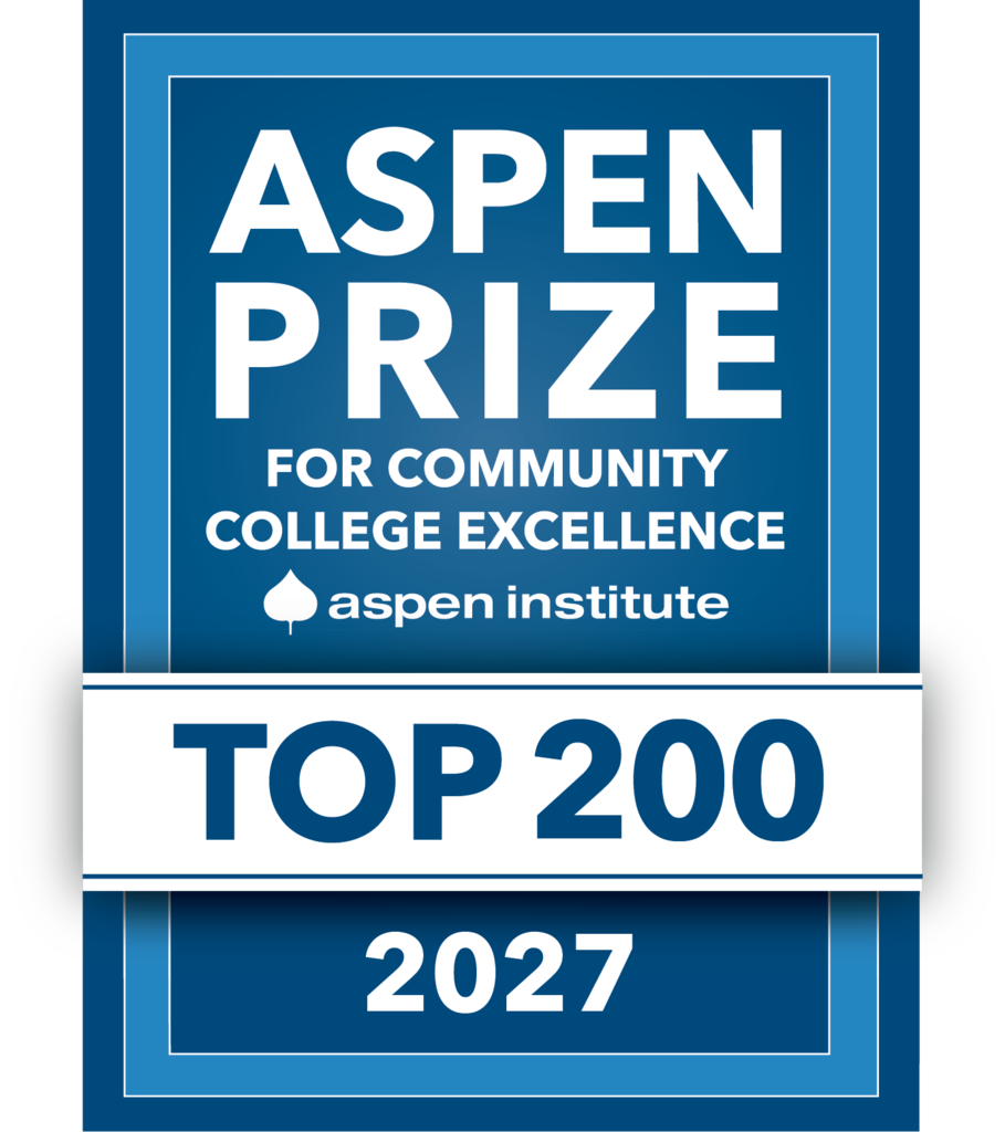 Graphic of blues and whites with the words, "Aspen Prize for Community College Excellence Aspen Institute Top 200 2027."