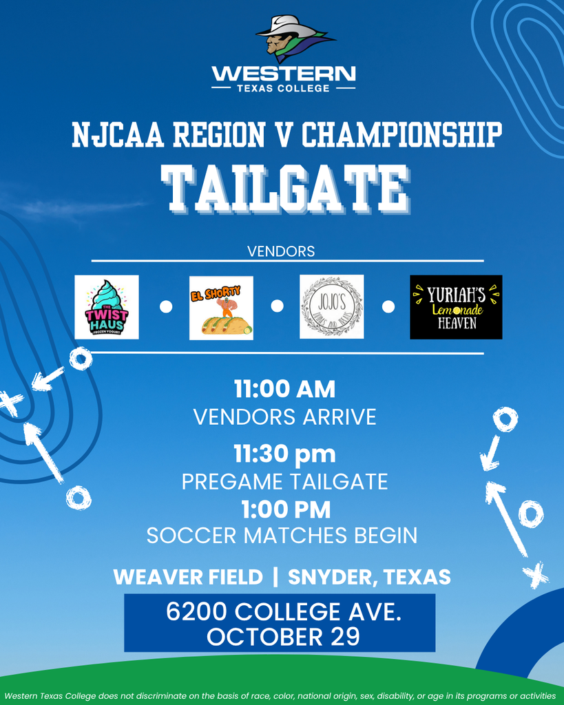Flyer for NJCAA Region V Championship Tailgate at Western Texas College with vendor logos and event schedule.