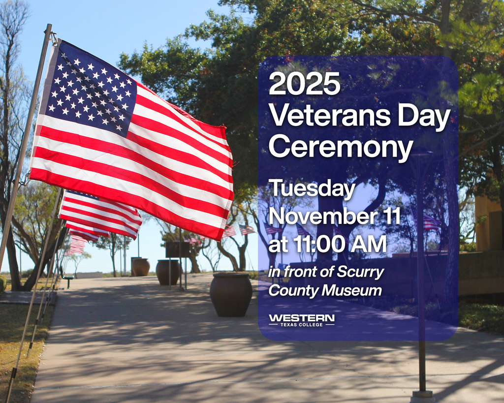 Flags wave on the campus walkway in the background  with details of the ceremony in a blue translucent rectangle.