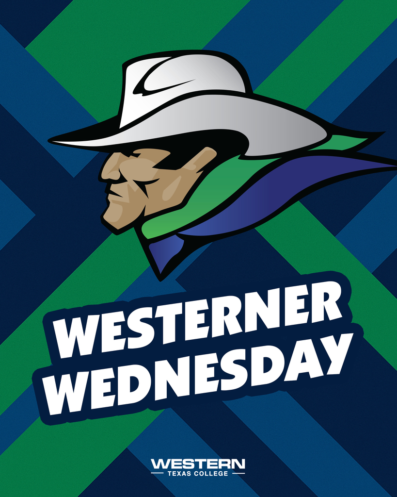 Graphic featuring the Western Texas College Westerner mascot with bold text reading “Westerner Wednesday” on a green and blue background.