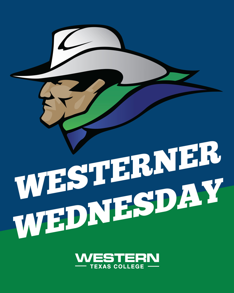 Westerner mascot graphic with bold "Westerner Wednesday" text on blue and green background for Western Texas College.