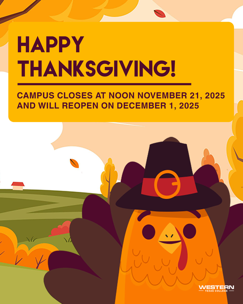 Illustrated turkey in pilgrim hat stands in autumn landscape under large Happy Thanksgiving campus-closure announcement.