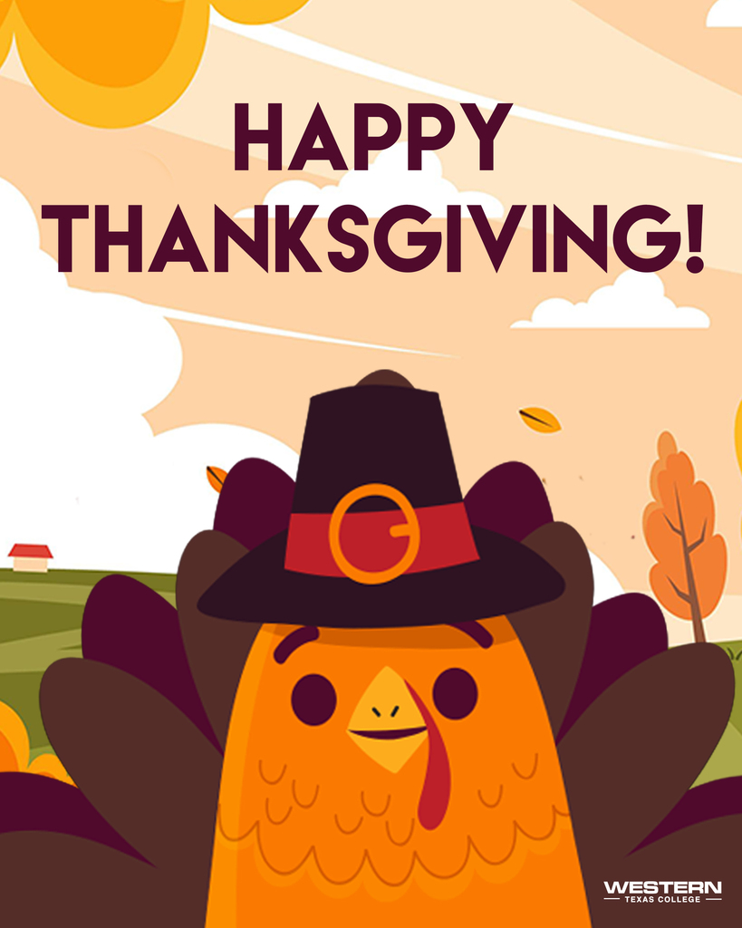 Illustrated turkey wearing a pilgrim hat smiling in a fall landscape with clouds, trees, and “Happy Thanksgiving” text above.
