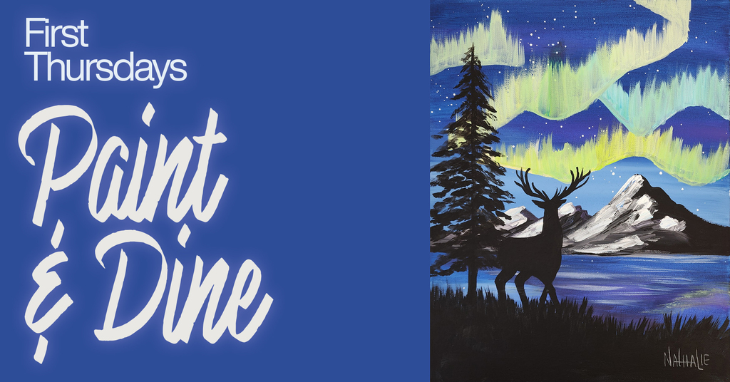 Painting of deer in front of northern lights