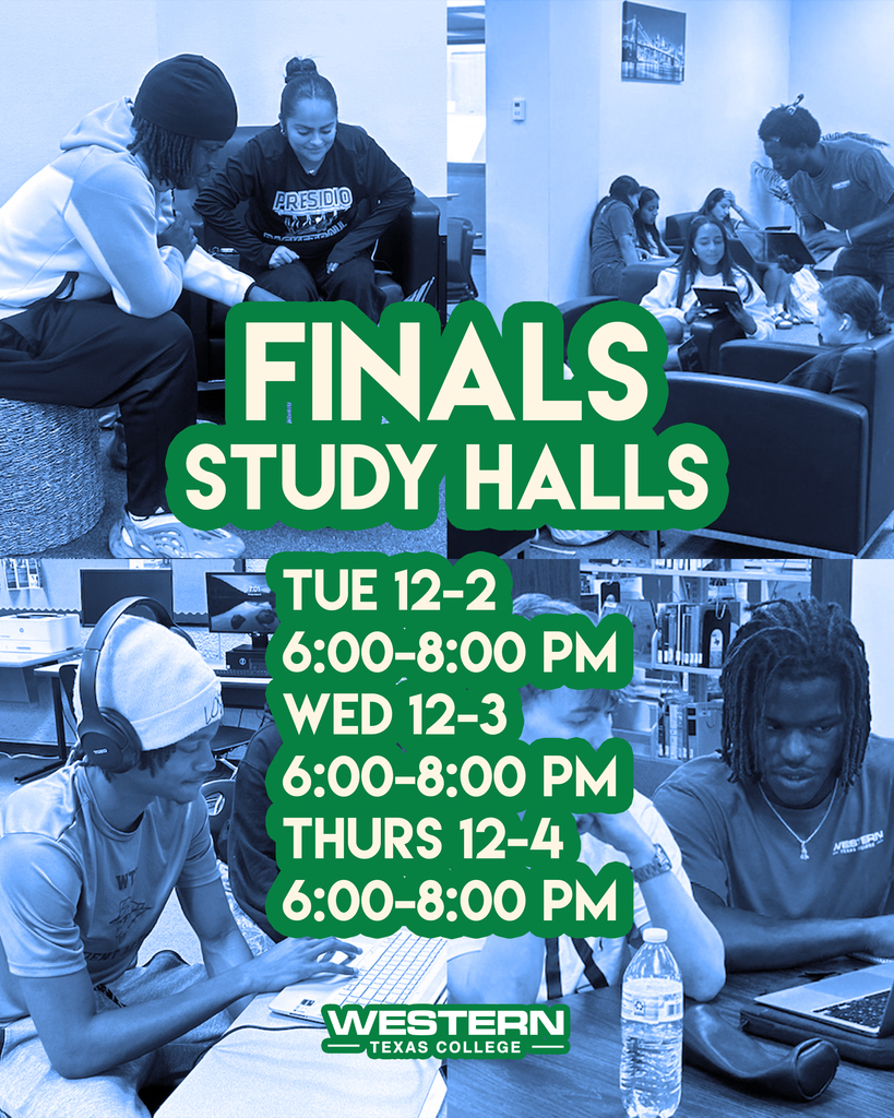 Students studying together in campus lounge with “Finals Study Halls” schedule displayed in green and white text.