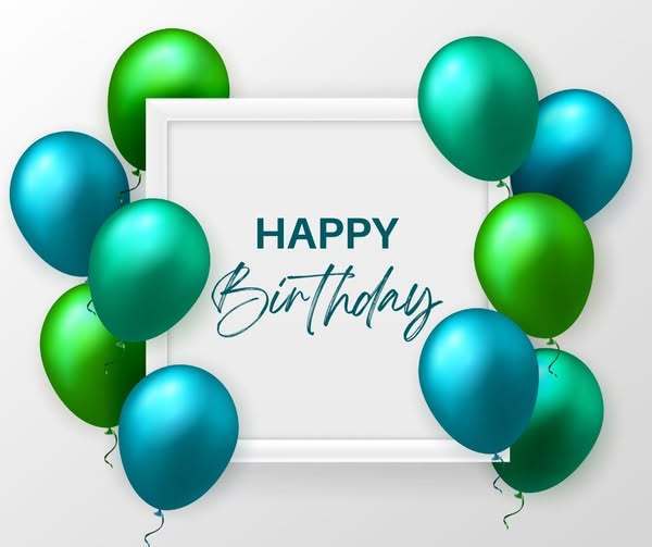 Happy Birthday sign with blue and green balloons around it