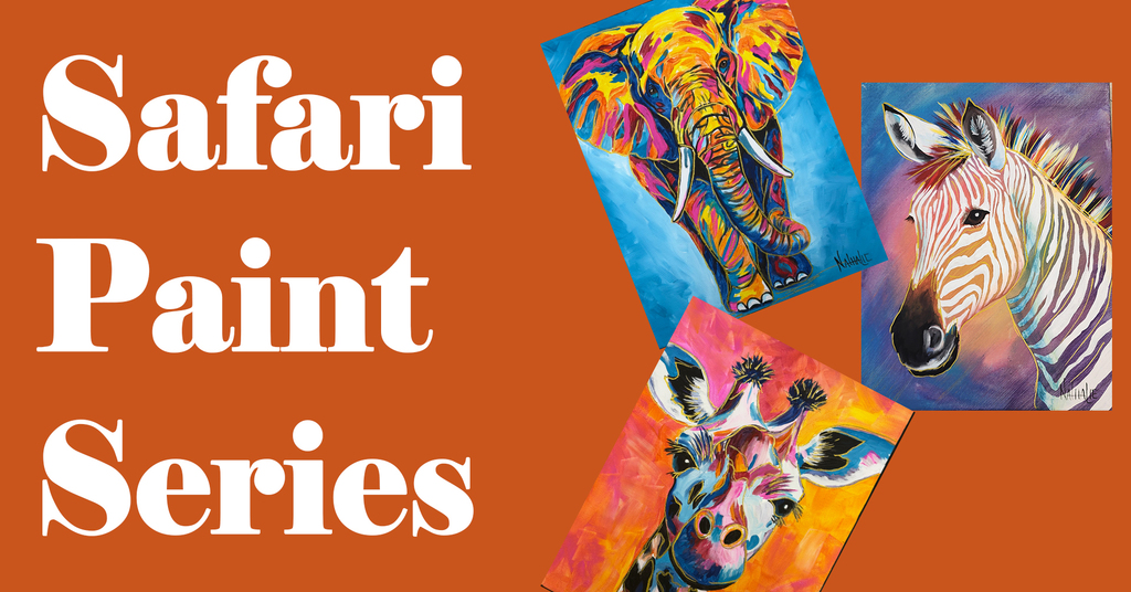 3 paintings of colorful elephant, giraffe, and zebra