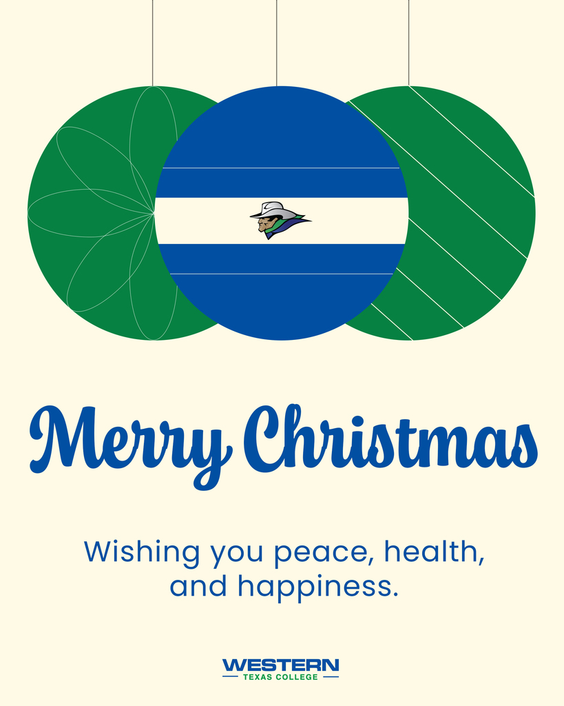 Blue ornament with mascot in front of two green ornaments on a crem background with the words, "Merry Christmas - wishing you peace, health, and happiness" at the bottom.