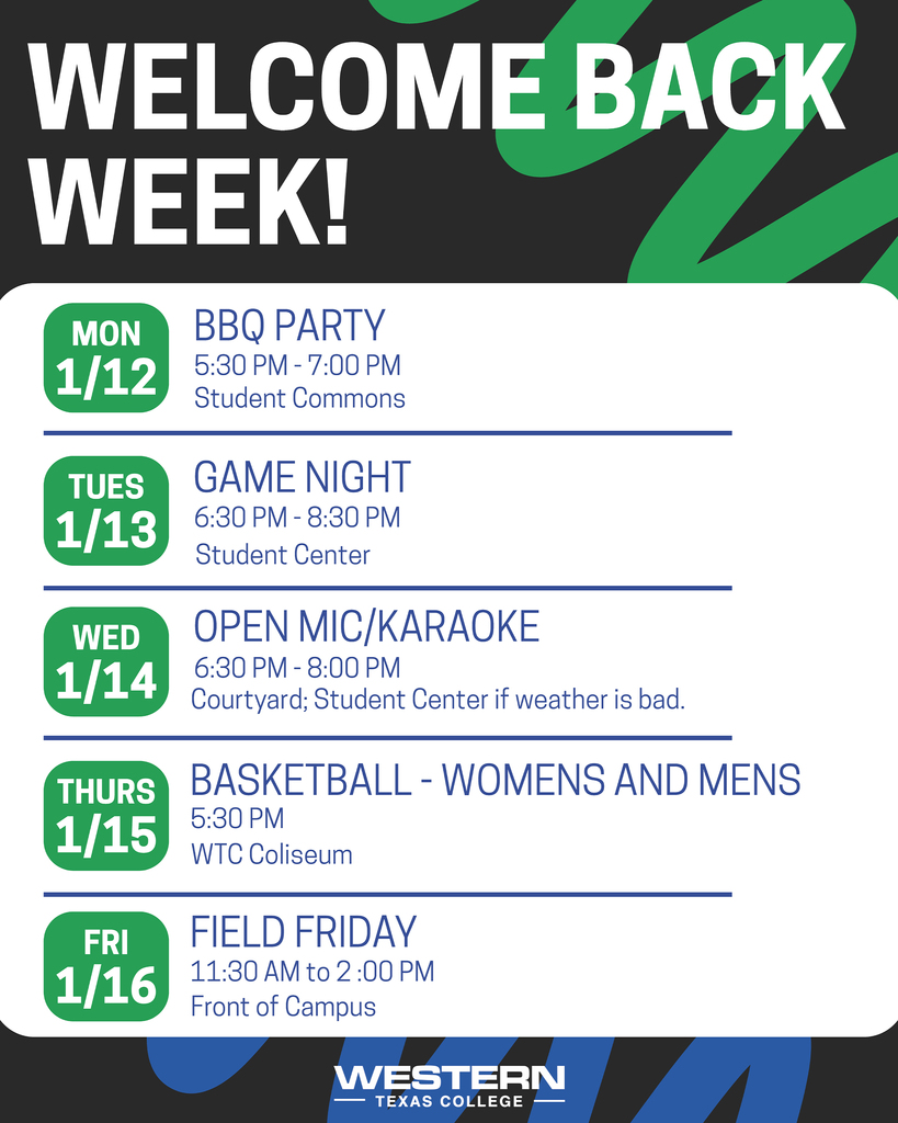 Welcome Back Week flyer with events, dates, and times.