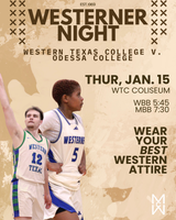 Western Texas College basketball players featured on a Westerner Night game promotion poster with date, location, and fan attire details.