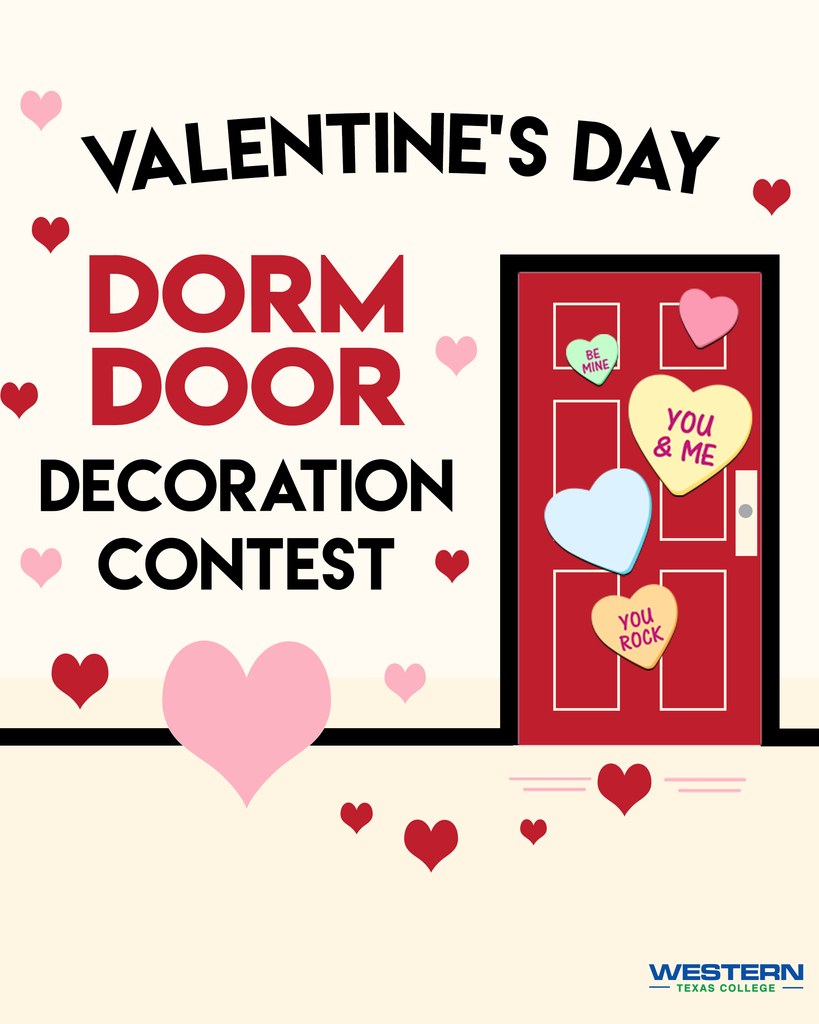 Graphic promoting Valentine’s Day dorm door decoration contest with illustrated decorated door, hearts, and Western Texas College branding.