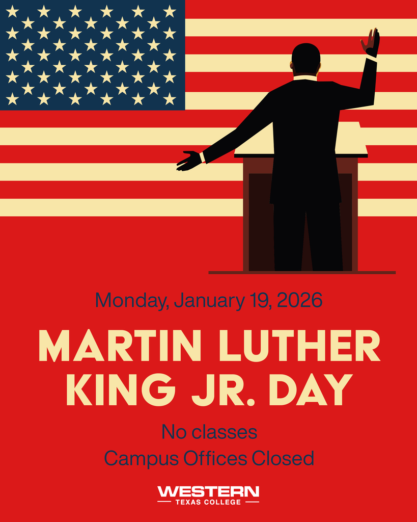 Illustration honoring Martin Luther King Jr. Day with U.S. flag, speaker at podium, and notice of no classes and campus closure.