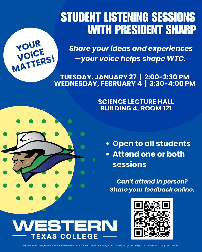 Flyer with details about Student Listening Sessions with Dr. Sharp.
