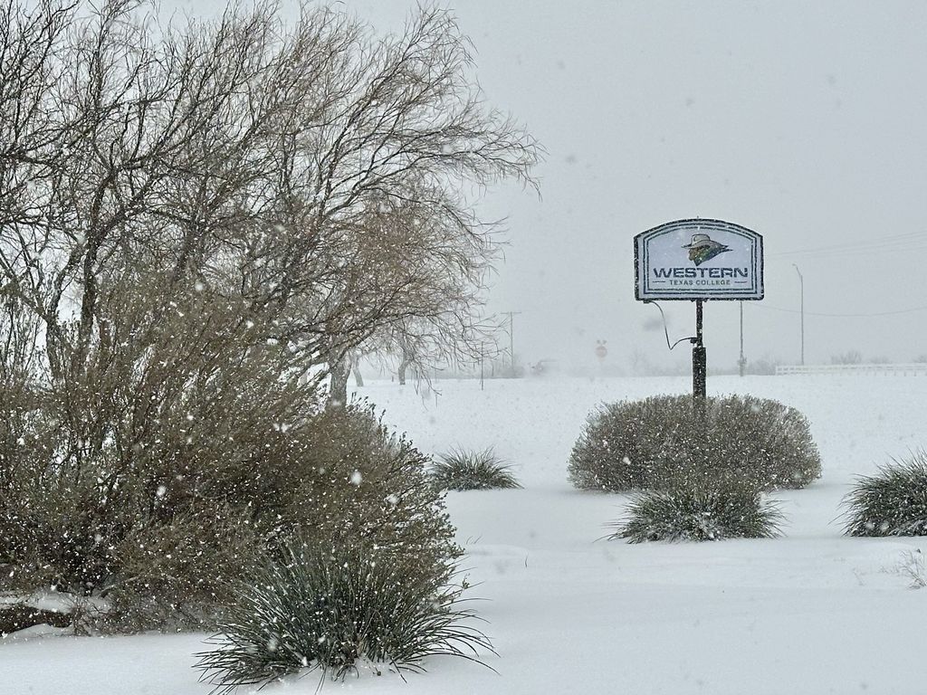 Snow falls at the front entrance to the College with the sign on the right.