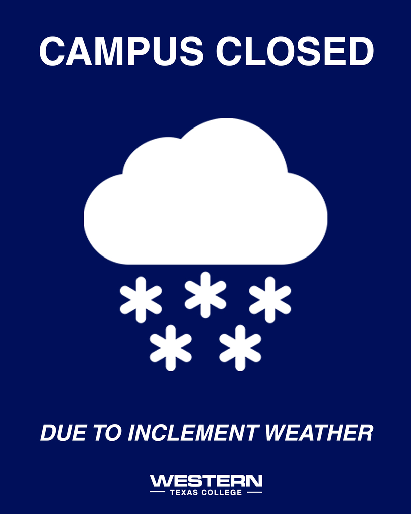 Graphic with cloud and snowflake announcing "Campus Closed due to inclement weather" with logo at the bottom.