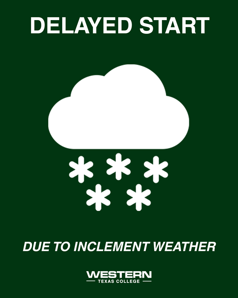 Graphic of cloud with snow falling announcing "Delayed start due to inclement weather" on a green background.