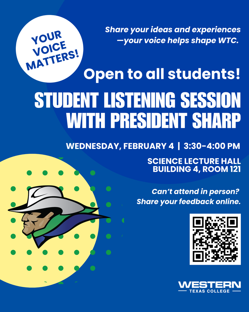 Student Listening Sessions with President Sharp graphic inviting all students to share feedback, with date, time, location, QR code, and Westerner mascot.