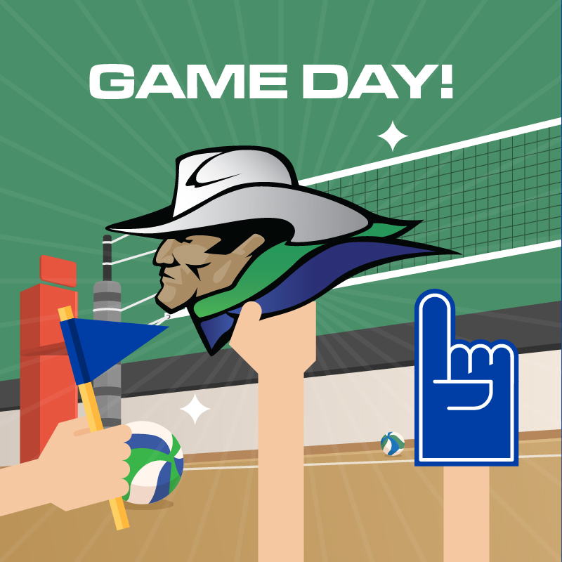 Illustrated volleyball game day graphic featuring the WTC Westerner mascot, volleyball net, fan foam finger, and raised cheering hands.