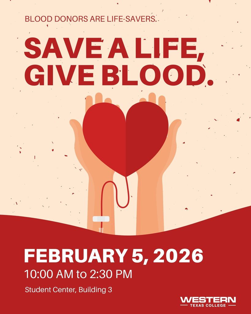 Graphic promoting a blood drive on February 5, 2026, at WTC Student Center, encouraging blood donation to save lives.