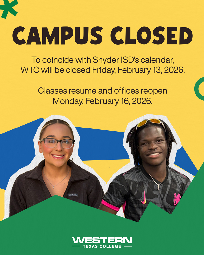 Graphic announcing campus closed Friday, February 13, 2026; classes resume Monday, February 16, with two smiling students pictured.