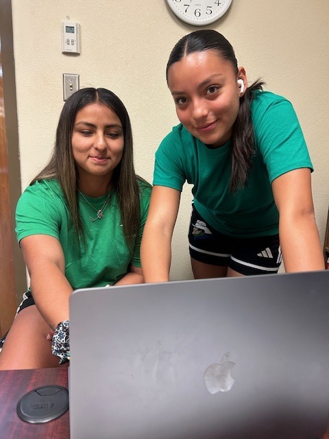 A woman sits in a chair in front of a computer as another woman leans over towards the screen.
