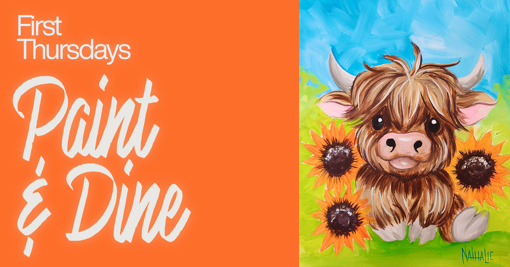 Painting of a highland cow on top of sunflowers