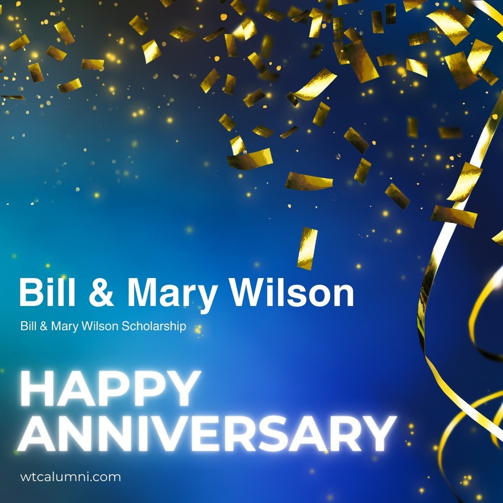 Happy Aniversary graphic with blue blackground and gold confetti