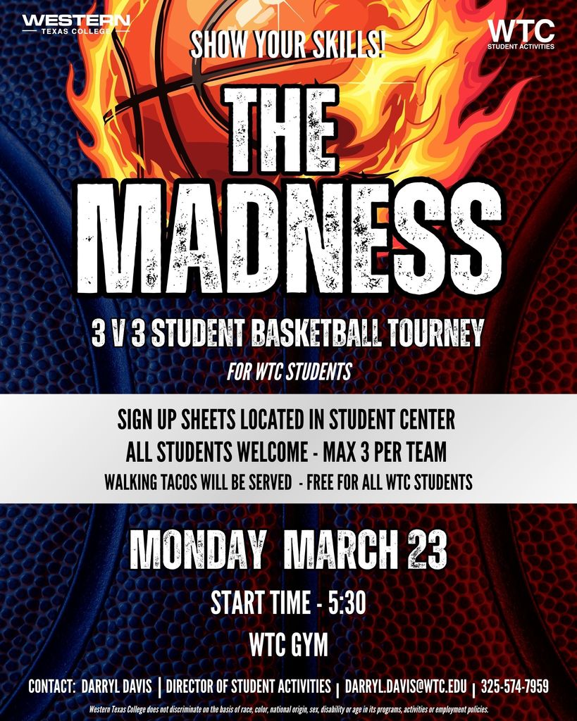 Graphic promoting WTC student three on three basketball tournament March 23 in WTC Gym with flaming basketball graphic.