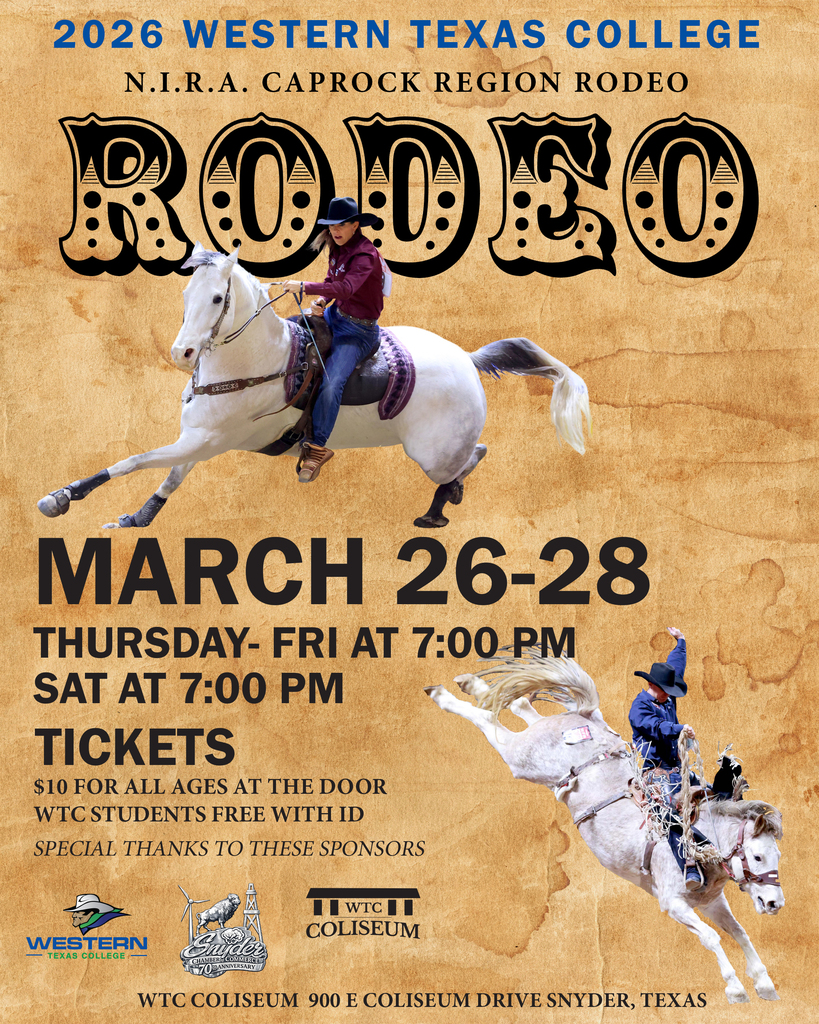 Graphic announcing date and times for the WTC Rodeo with bull riders and logos for the college, the Snyder Chamber, and the WTC Coliseum.