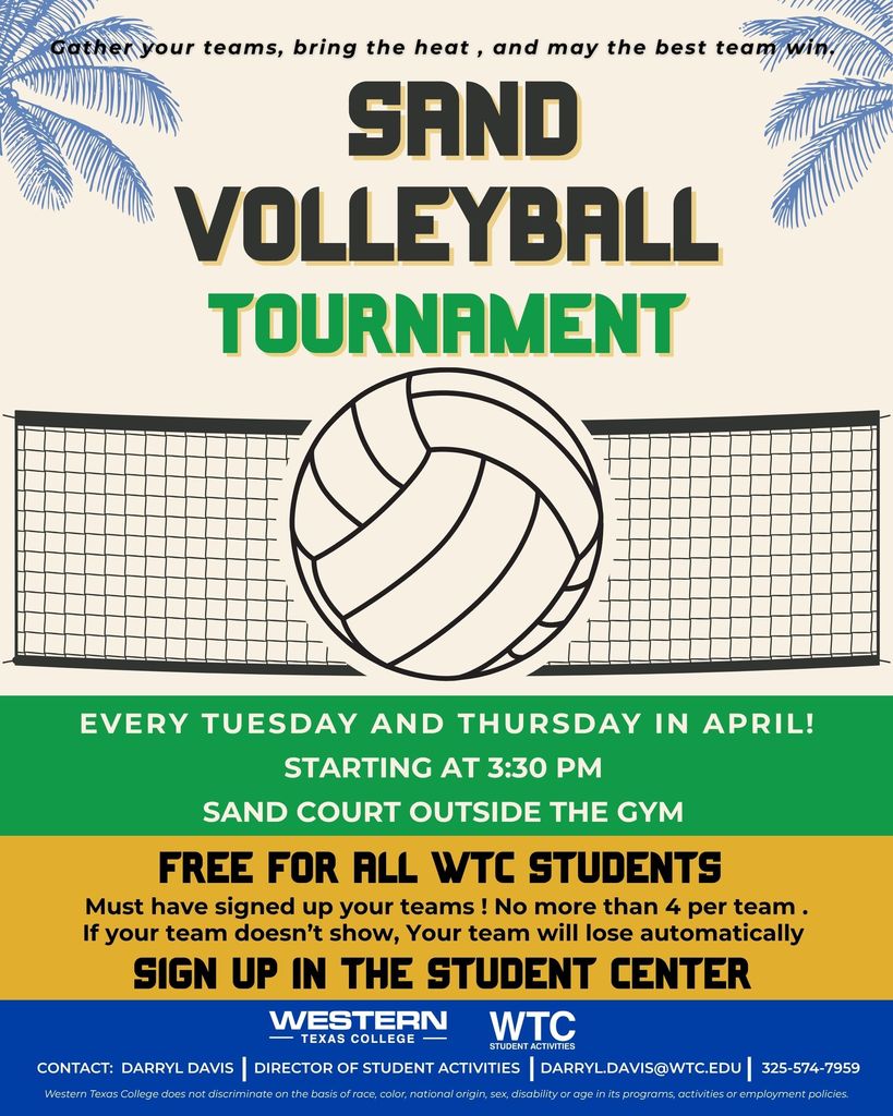 Graphic for sand volleyball tournament every Tuesday and Thursday in April at the Sand Volleyball Court.