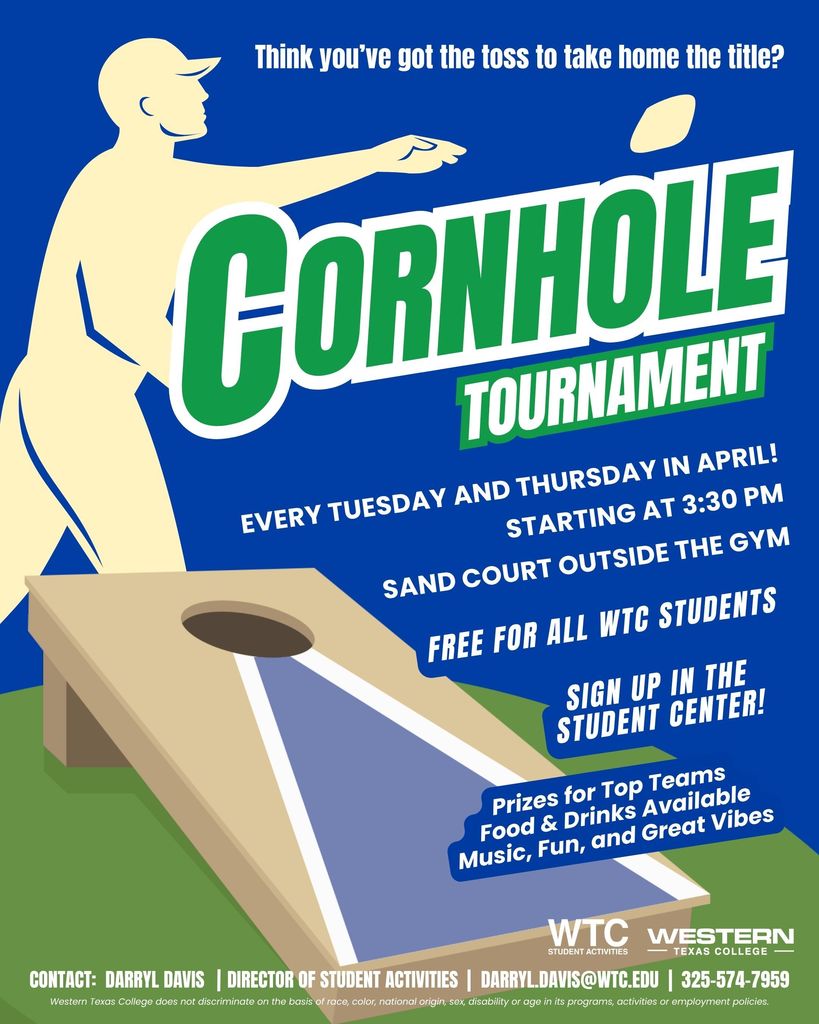 Graphic for cornhole tournament every Tuesday and Thursday in April at the Sand Volleyball Court.