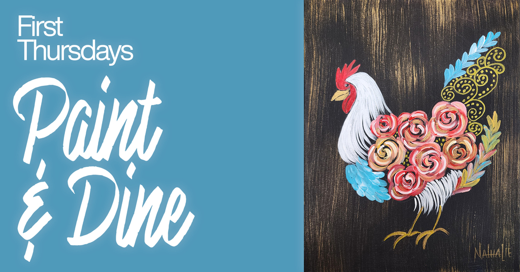 Painting of a rooster with floral feathers