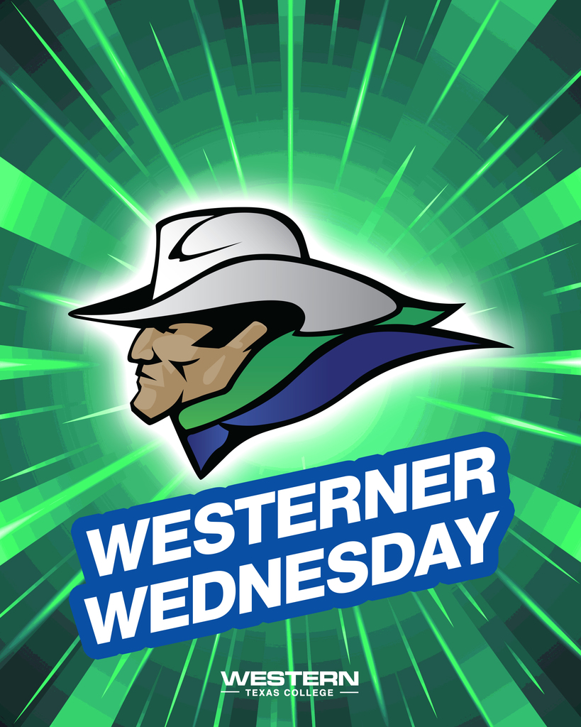 Western Texas College mascot logo over green radial burst background with text Westerner Wednesday and college logo at bottom.