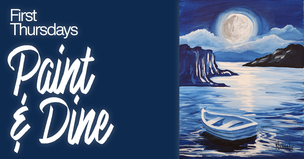 Painting of a row boat on a lake under the moon