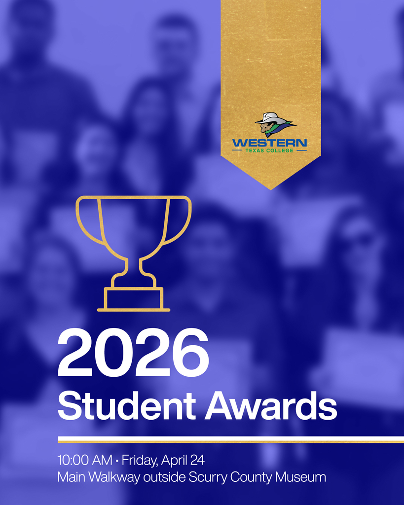 Blue and gold graphic promoting 2026 Western Texas College Student Awards ceremony at 10: AM Friday, April 24.