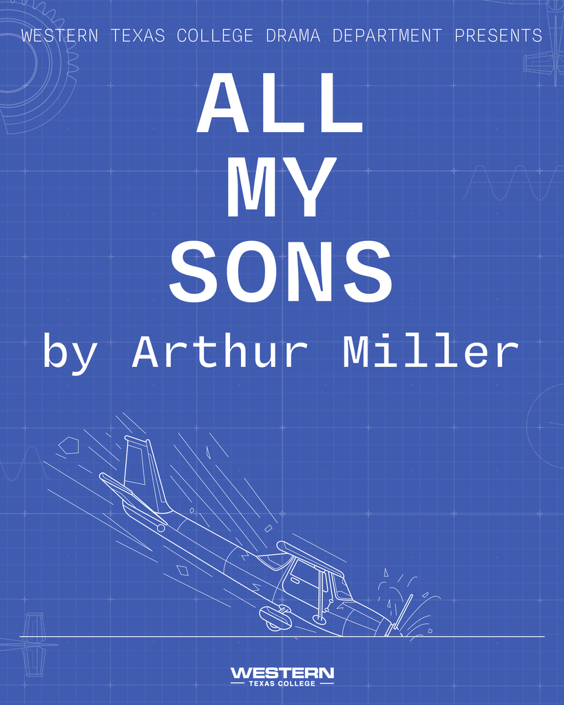 Blueprint style graphic with title and author of the play.