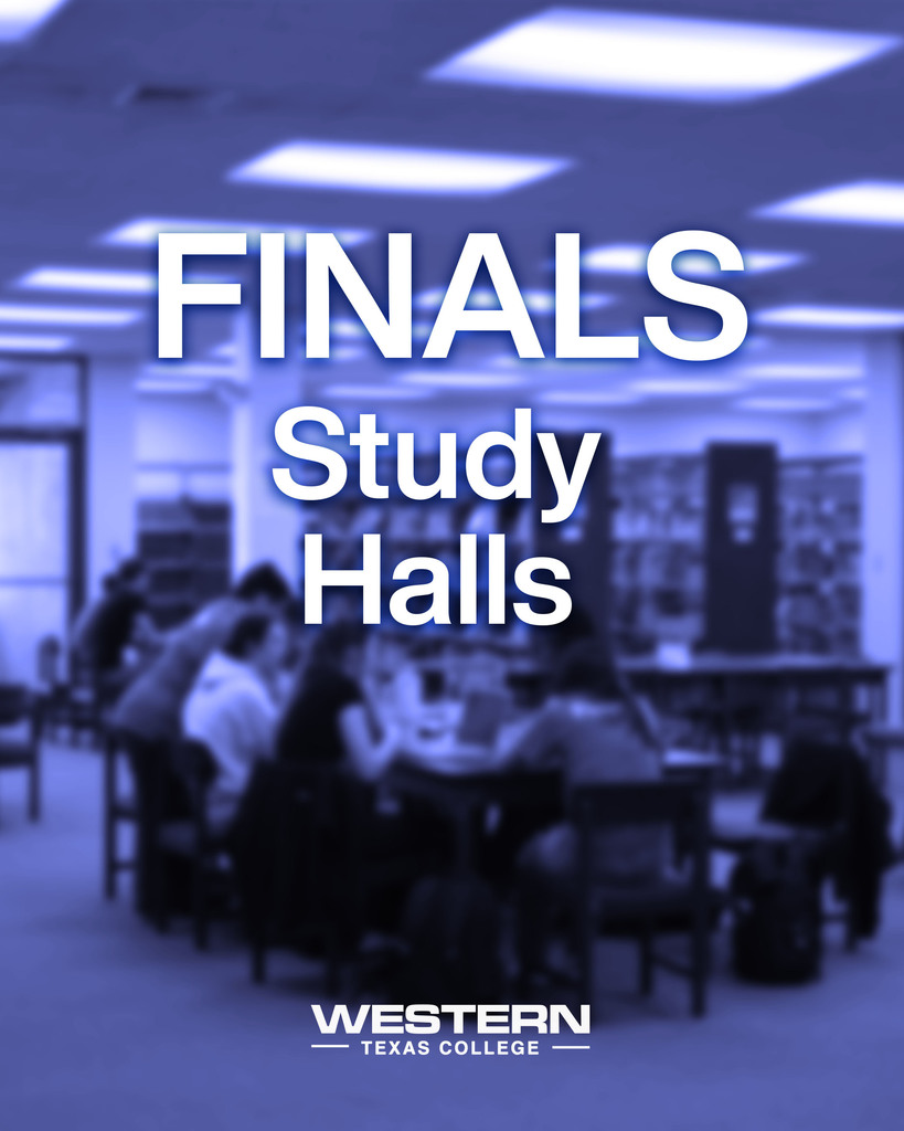 A group of people sit around a Library table studying with the words Finals Study Halls overlaid.