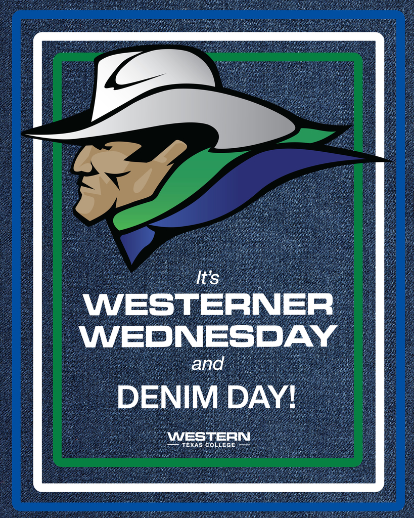 Graphic with mascot and logo with denim background announcing Westerner Wednesday and Denim Day.