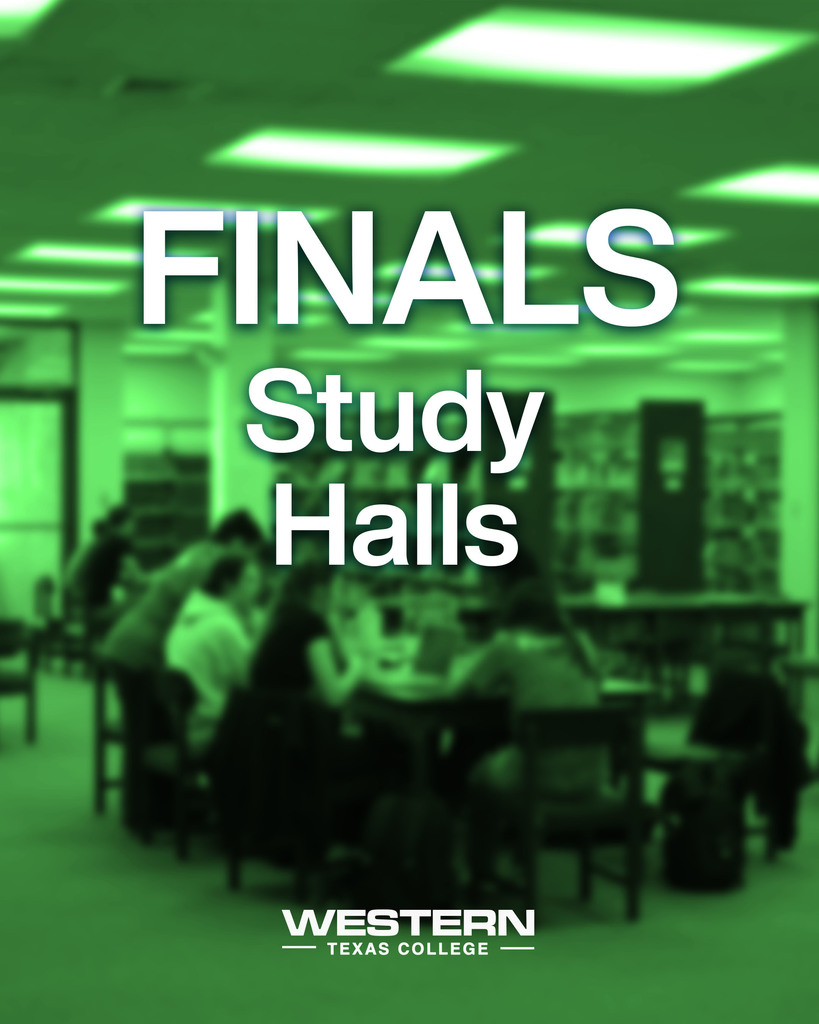 Photo of students sitting at table studying in the Library with school logo and the words "Finals Study Hall."