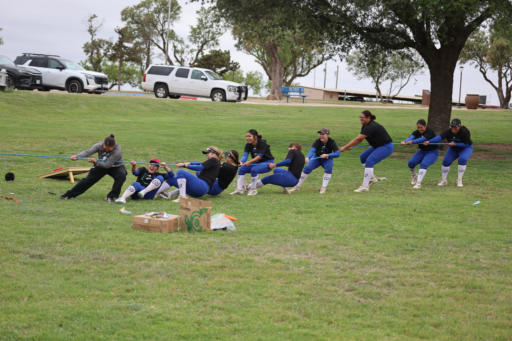 Softball team competes in tug-of-war during outdoor campus field day.